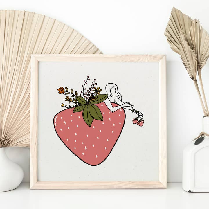 Strawberry, Fruit Wall Art, Fruit Art Print, Pink Wall Art for wholesale by Sun in Ink