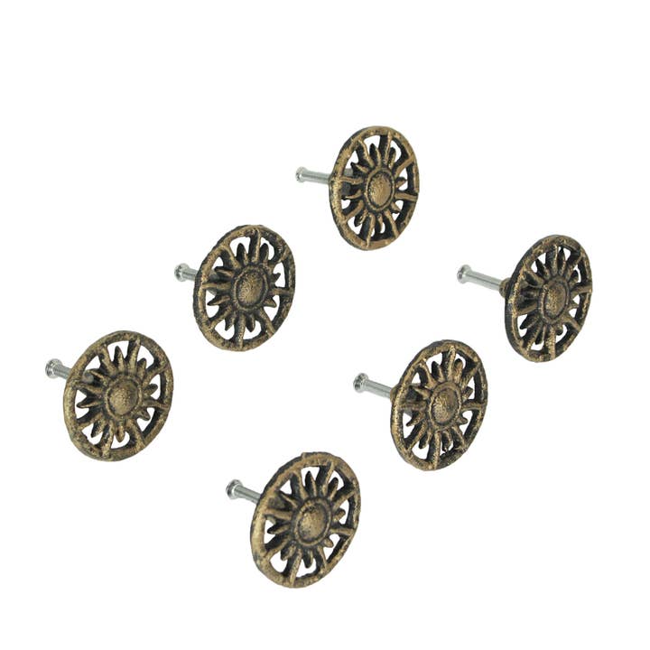 Zeckos - Wholesale Knob/Pull - Set of 6 Antique Gold Sun Cast Iron Drawer Pulls