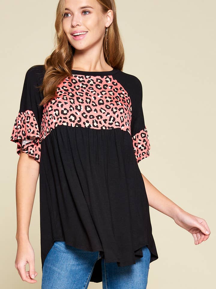 ETK-7976 Animal Print Contrast Babydoll Tunic Top for wholesale by Emerald Collection
