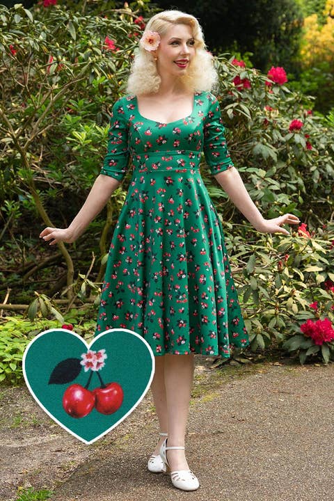 Scarlette Cherry Emerald Green Midi Dress for wholesale by Dolly & Dotty