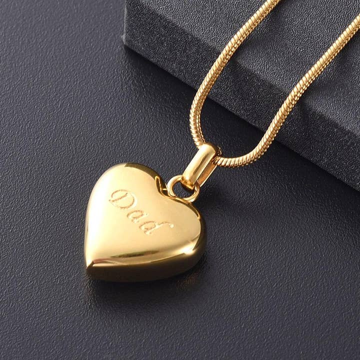 Cherished Emblems – wholesale Pendant/charm necklace – Simple Heart Cremation Urn Necklace Etched With Dad