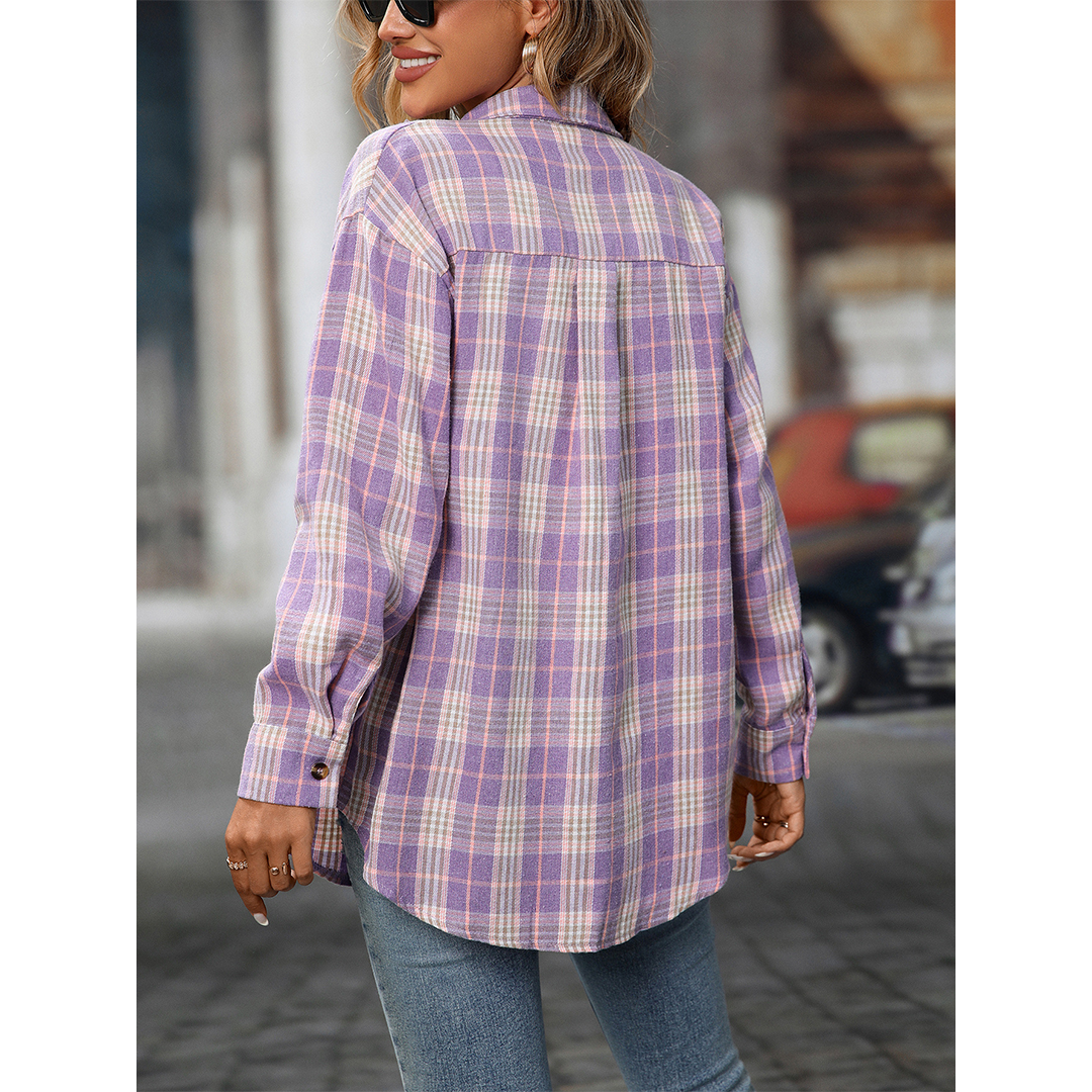UNISHE - Wholesale Shirt - Women's - Casual Loose Fit Plaid Pockets Button-Down Shirt MD21339