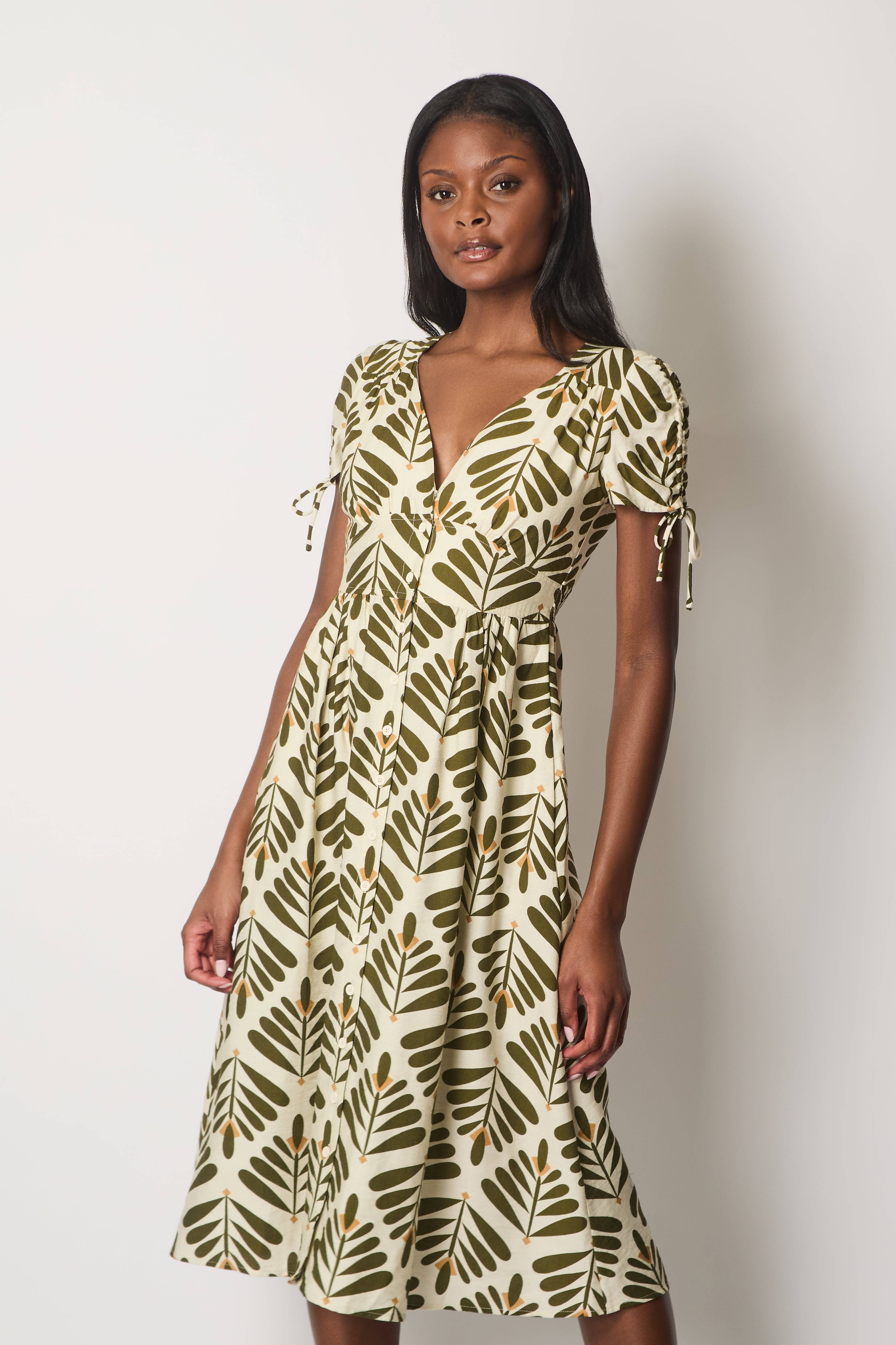 SOLO – Vestido - Mulher por atacado – Vestido Midi com Estampa de Folhas e Mangas com Laço - Caqui1