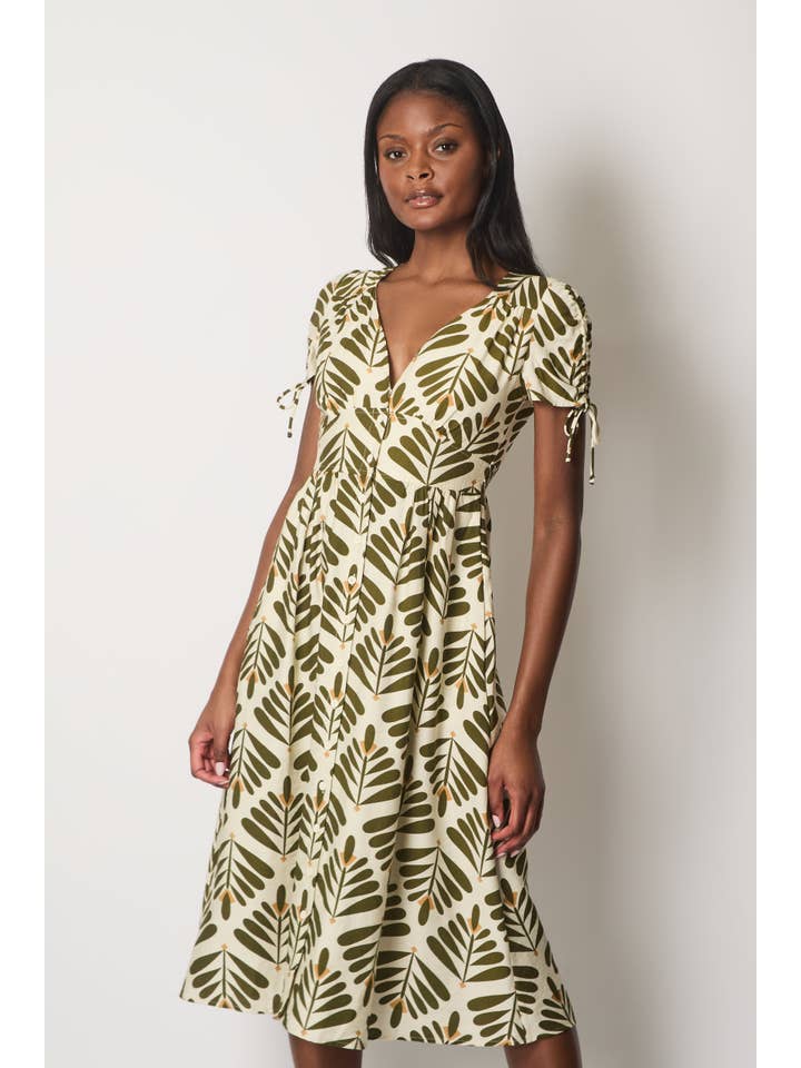 SOLO – Vestido - Mulher por atacado – Vestido Midi com Estampa de Folhas e Mangas com Laço - Caqui1