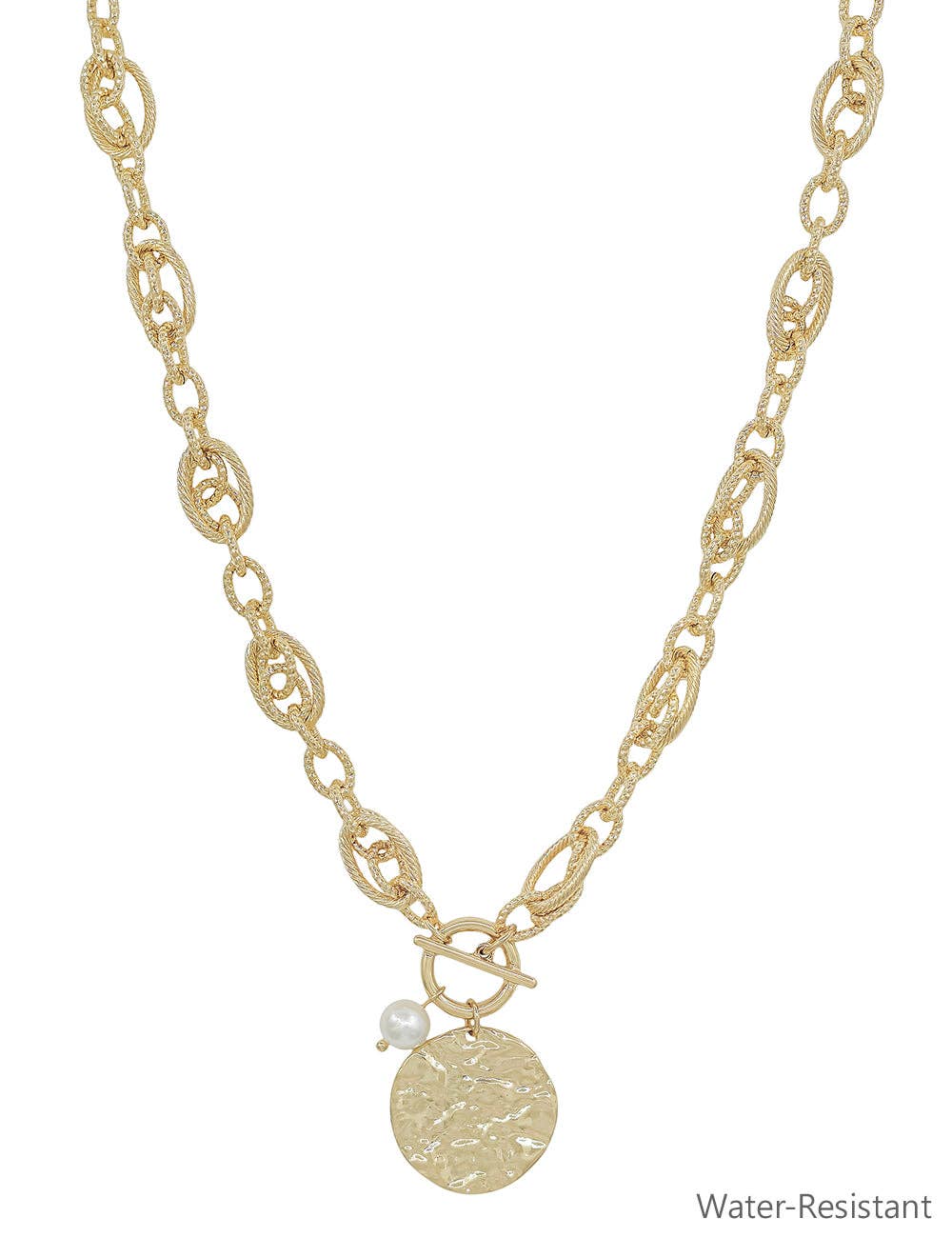 What's Hot - Wholesale Pendant/Charm Necklace - Water Resistant Gold Chain with Hammered Coin and Pearl 16"-18" Necklace