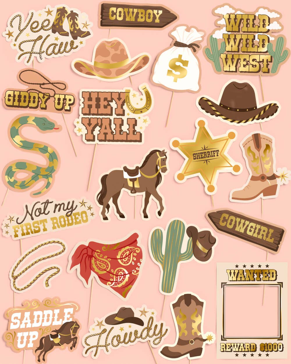 Petit Fetti - Wholesale Decal - Party Decorations - Saddle Up Props - 24 pc. photo booth set, western birthday, cowboy0