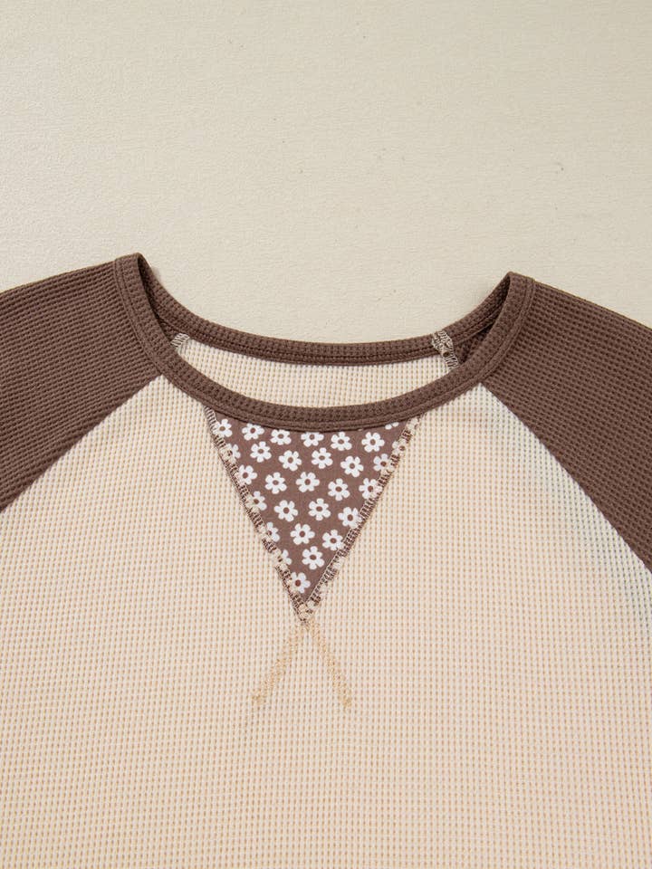 Brown FB Floral Patchwork Colorblock Long Sleeve Top for wholesale on Faire2
