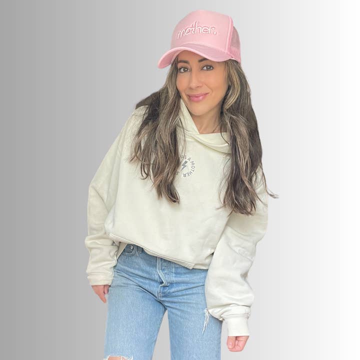 "mother." Embroidered Trucker Hat - Flamingo Pink for wholesale on Faire