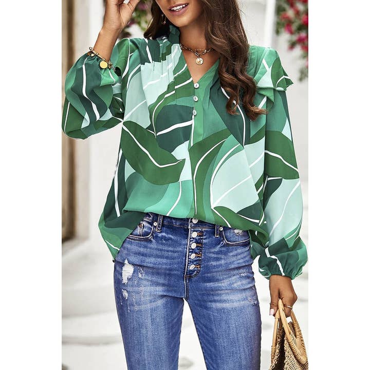 Elings - Wholesale Blouse - Women's - Floral Print V Neck Ruffle Puff Sleeve Top12