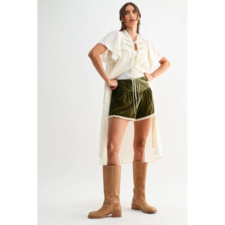 MOSS GREEN VELVET HIGH-WAIST LACE TRIM SHORTS for wholesale on Faire8