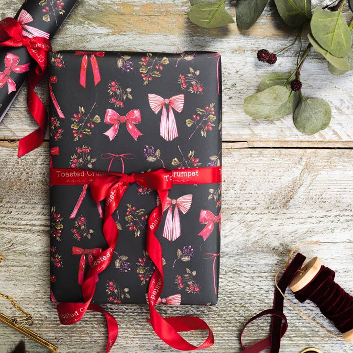 Bows & Berries (Noir) Gift Wrap Single Sheet for wholesale by Toasted Crumpet