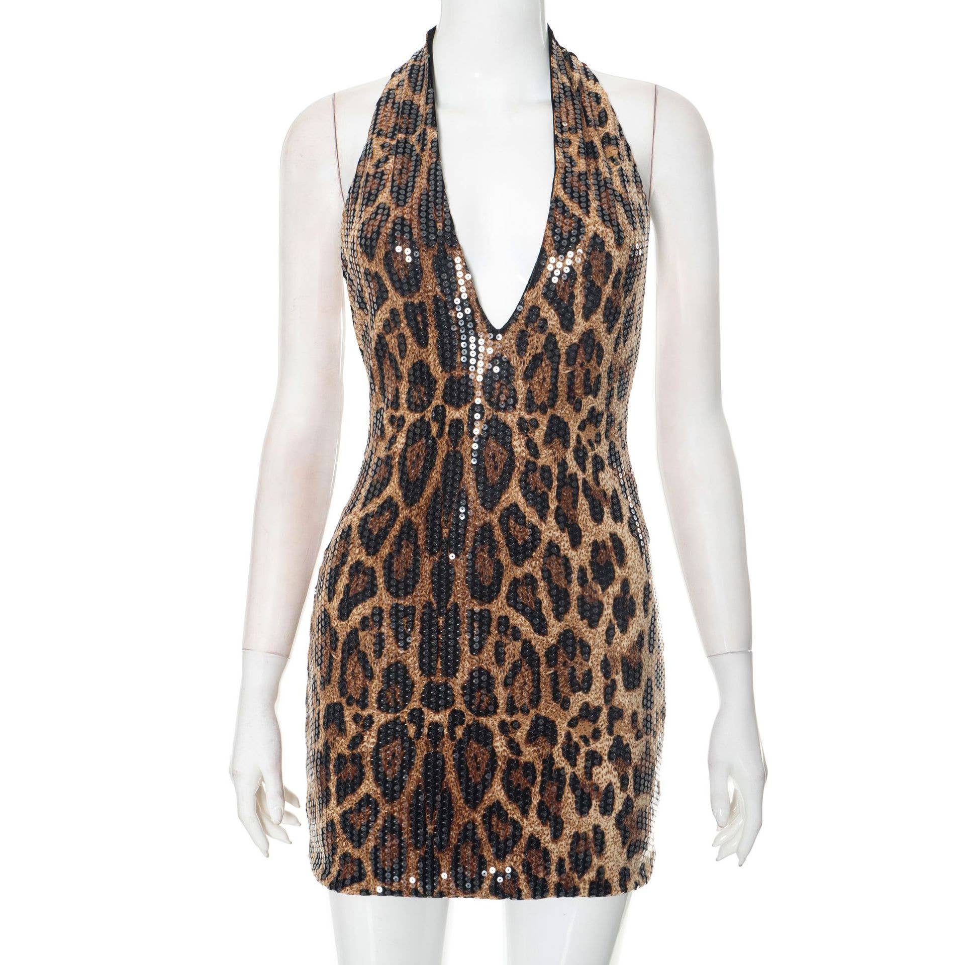BELLISSIMA FASHION - Wholesale Dress - Women's - Leopard Print Halterneck Backless Bodycon Mini Dress(C)0