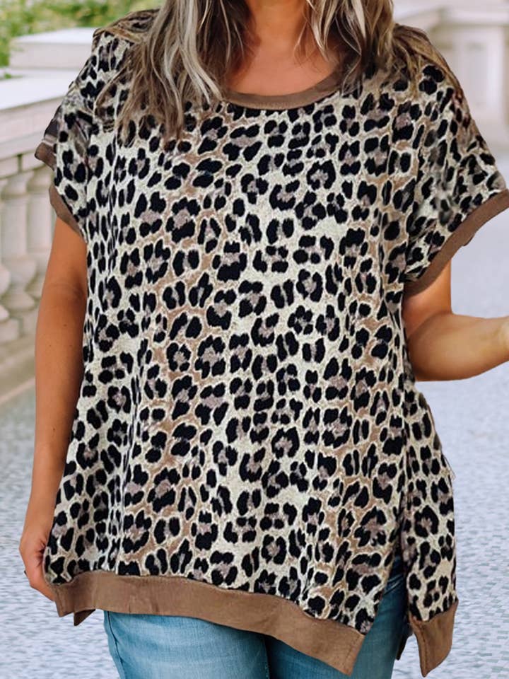 LDC Leopard Contrast Trim Short Sleeve Loose Plus Size Top for wholesale by Little Daisy Closet