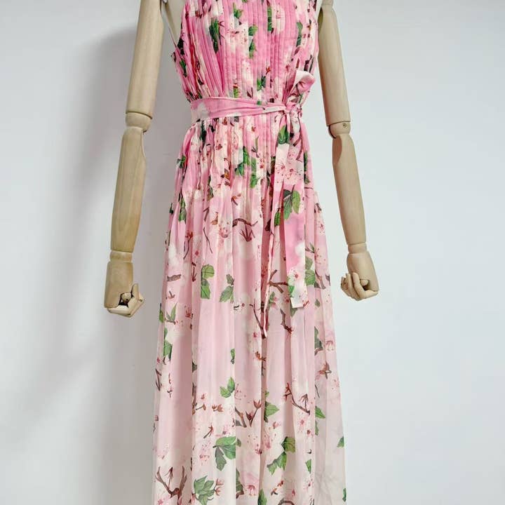 Productseeker - Wholesale Dress – Women's - DR658Y Chiffon Floral Pleated Maxi Dress with Swing Skirt7