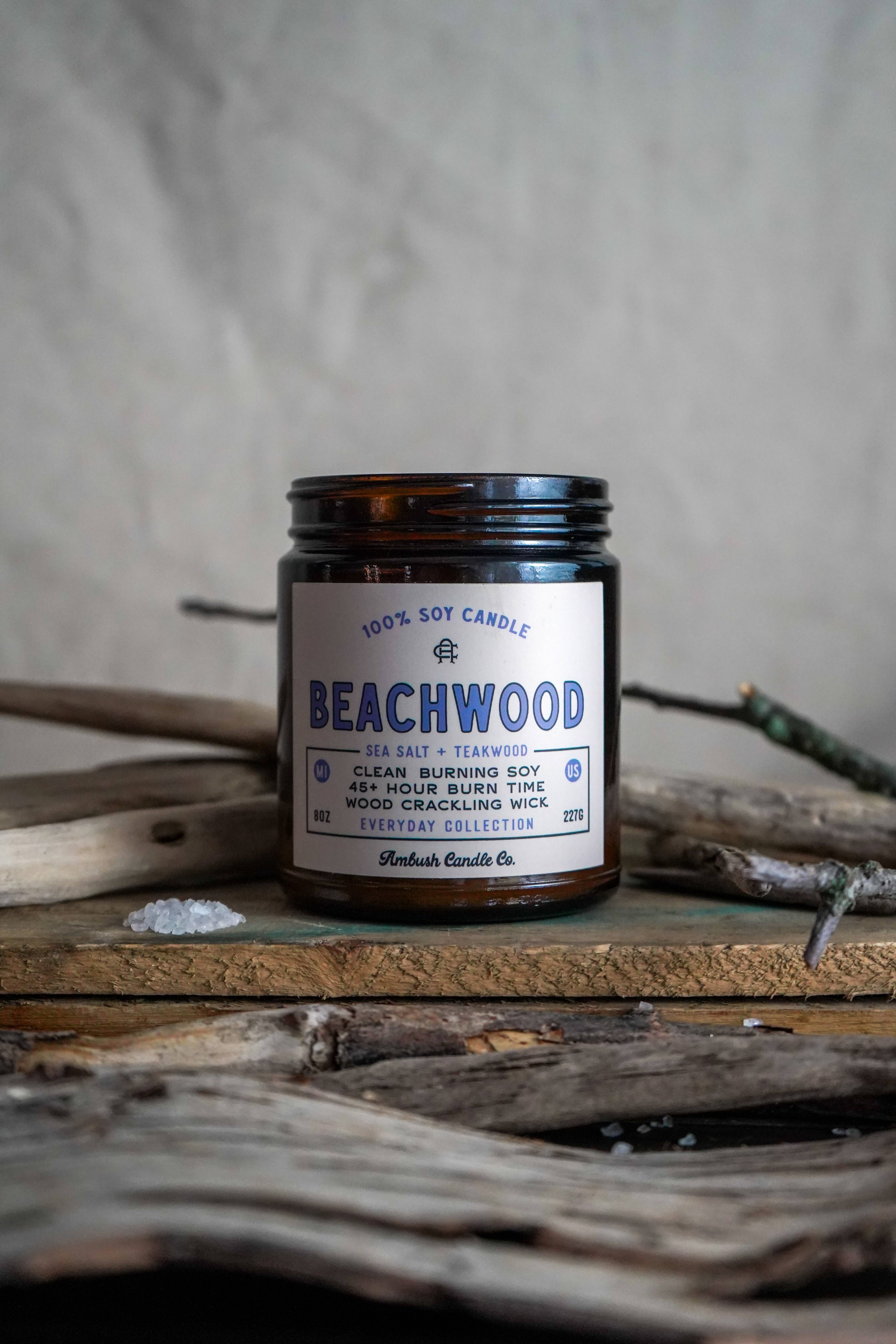 Ambush Candle Co. - Wholesale Jar/Filled Candle - Beachwood | Sea Salt + Teakwood 8oz Soy Candle2
