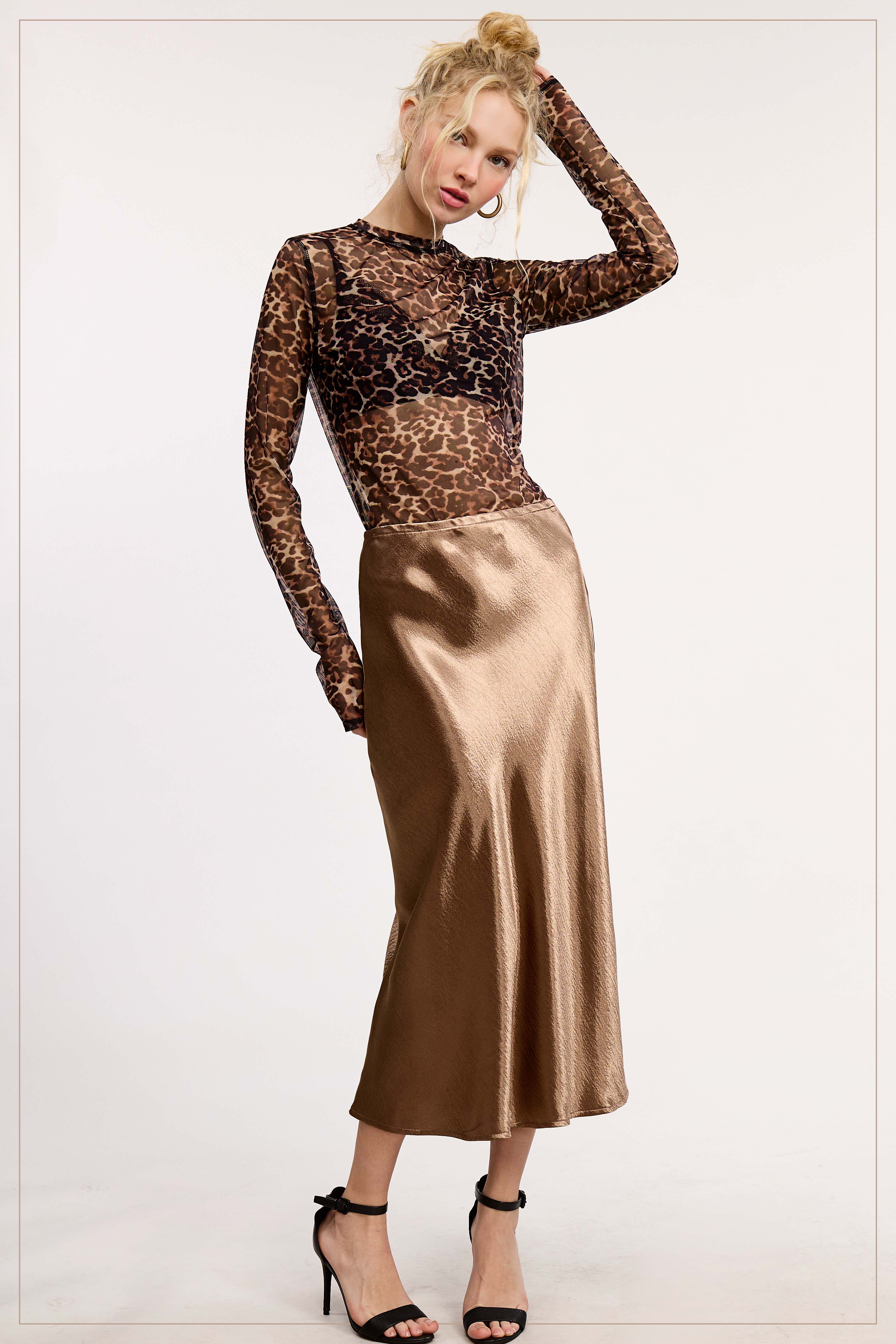 La Miel - Wholesale Skirt - Women's - JBP4222-High-Waisted Midi Length Satin Effect Solid Skirt10