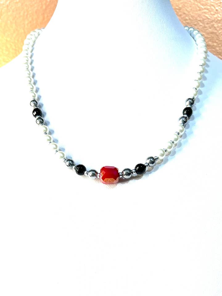 Minimalist Black Onyx, Hematite, Glass Pearl Necklace for wholesale by Beaded Vision Jewelry