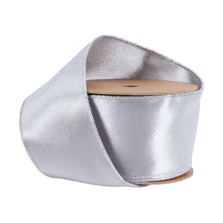 6,35 cm breites schimmerndes Satinband mit Drahtkante | Silber mit silberner Rückseite | 9,14 Meter Rolle für den Großhandel von LA Ribbons Wholesale