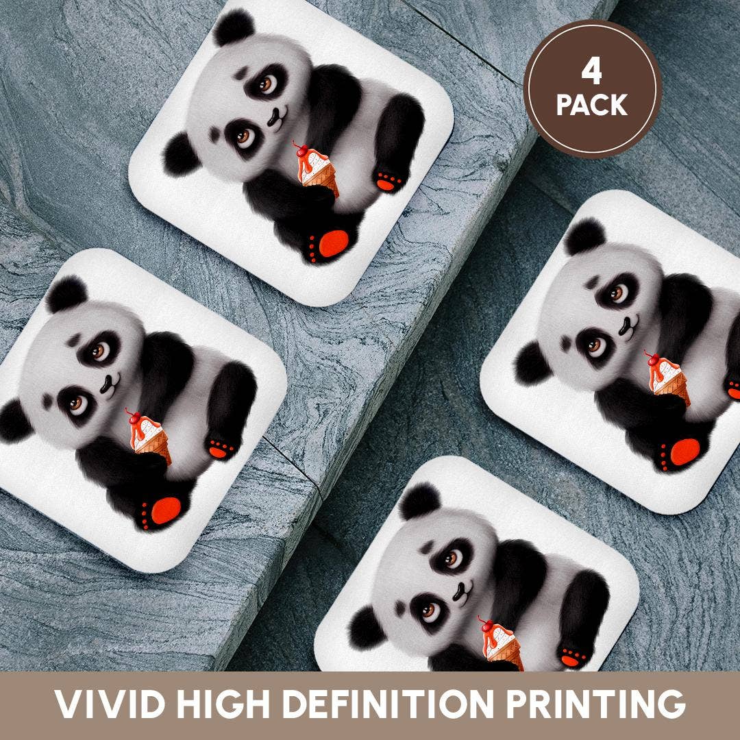 3dRose - Vente Sous-verre - 3dRose, Illustration mignonne d'un panda noir et blanc avec un cornet de glace, Dessous de verre12