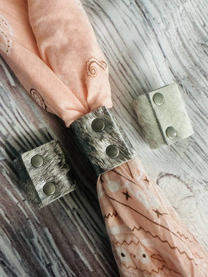 Silver Metallic Cowhide Bandana Slides for wholesale by Boots Are My Roots