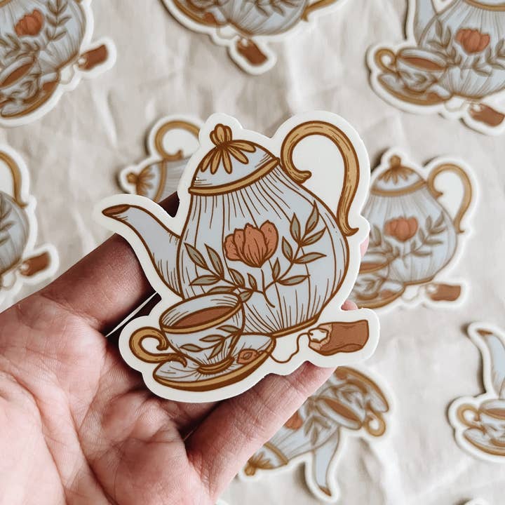 Flora West Design - Wholesale Sticker - Vintage Teapot and Teacup Vinyl Sticker Tea Party!