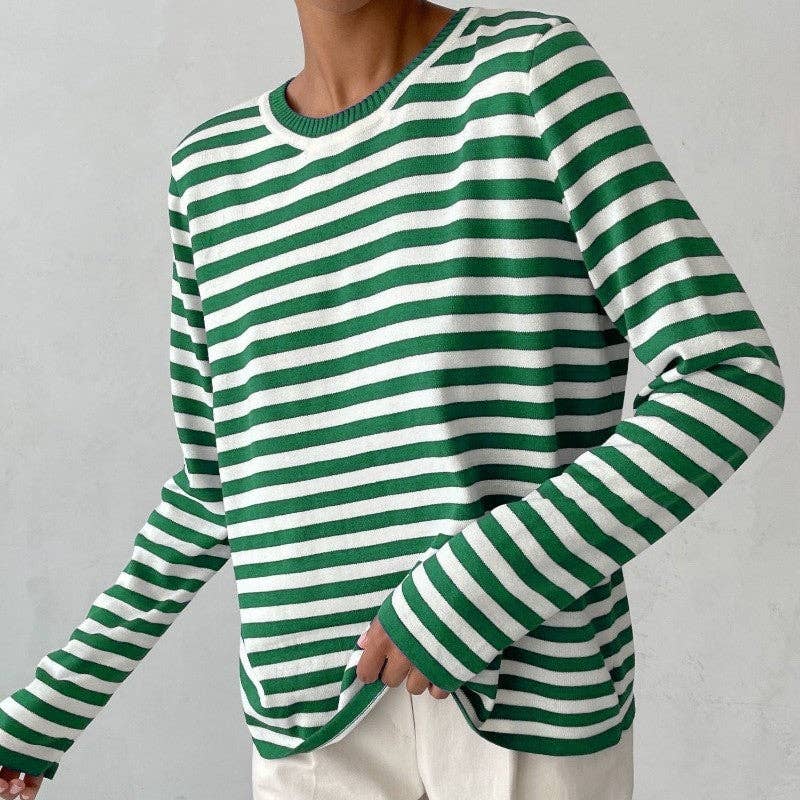UZ Wholesale Store - Wholesale Knit Sweater - Women's - Striped Knit Sweater with Round Neck and Contrast Color2