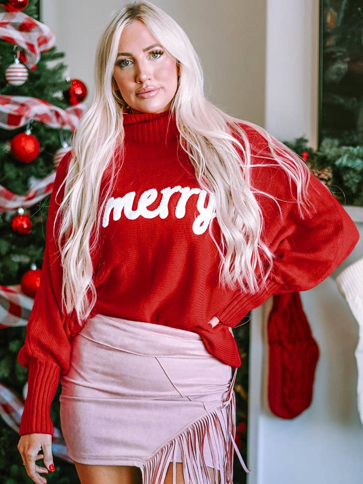 PRETTY BASH - Wholesale Knit Sweater - Women's - Christmas Merry Embroidered Puff Sleeve Turtleneck Sweater0