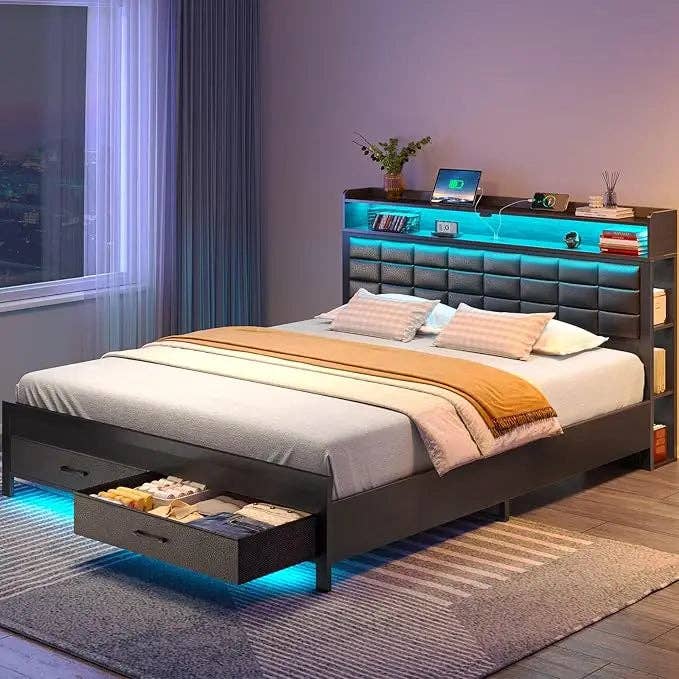 American Smart - Wholesale Bed - Bed Frame with Storage Headboard & 2 Drawers,Upholstered Platform Bed with Charging Station & LED Light,Heavy Duty Frame Support