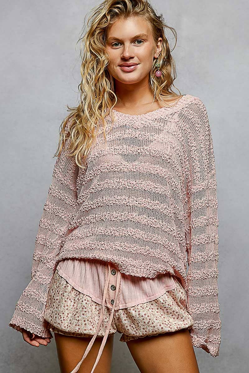 Pol Clothing - Wholesale Knit Sweater - Women's - V Neck Long Sleeve Striped Knit Acrylic Thin Sweater SALE12