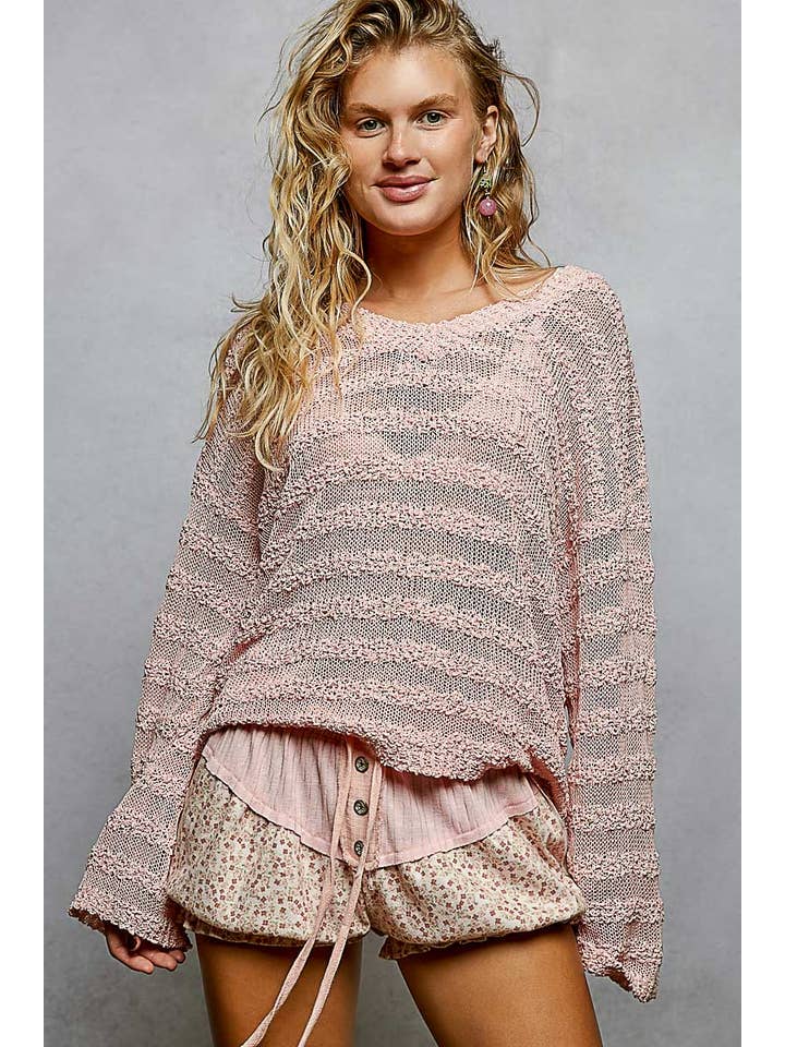 Pol Clothing - Wholesale Knit Sweater - Women's - V Neck Long Sleeve Striped Knit Acrylic Thin Sweater SALE12