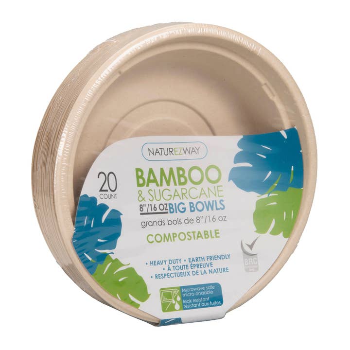 NatureZway - Wholesale Disposable Plate - 8" Bamboo & Sugarcane Round Bowls | 16 OZ | 160 Pack