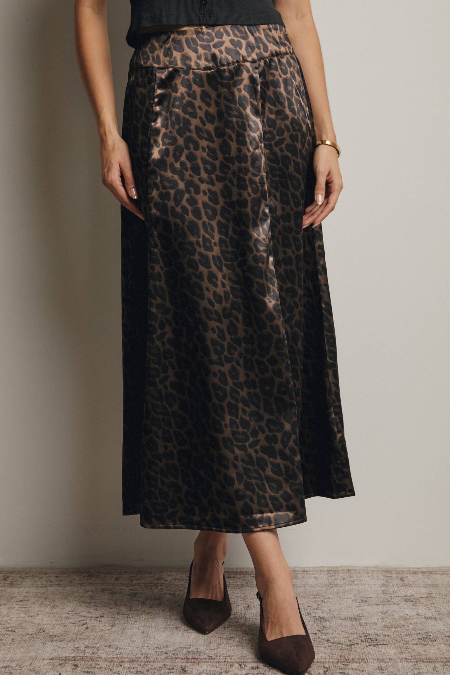 Forte - Wholesale Skirt - Women's - Leopard Print Satin Midi Skirt FSK000713