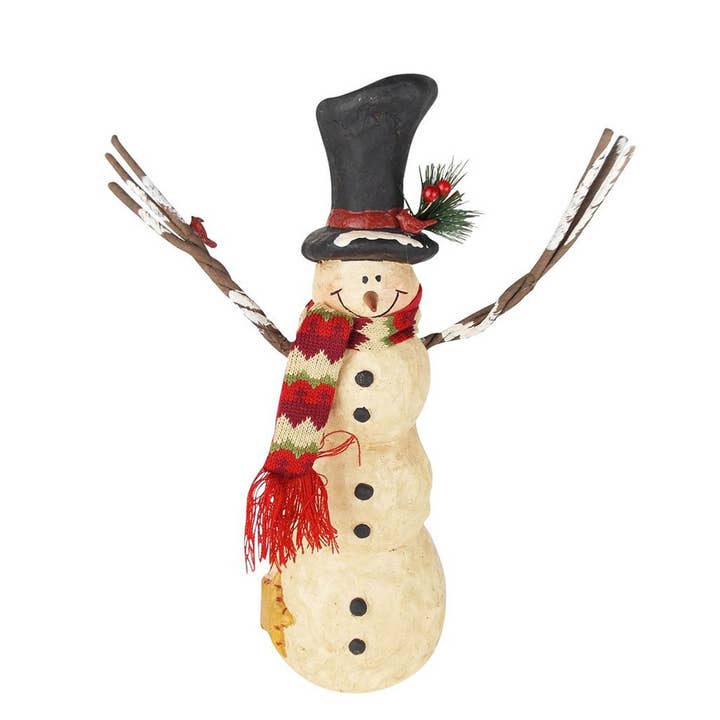 Paper Mache Snowman with Fabric Scarf, Bird & Birdhouse on Twig Arms, Standing - 19" Tall for wholesale by Birch Maison