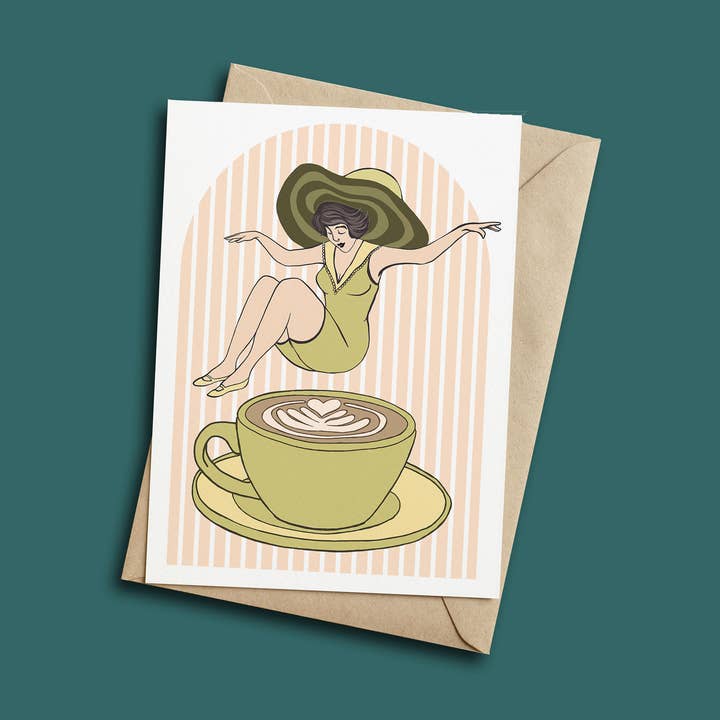 Leaping for Latte Retro Coffee Lover Greeting Card for wholesale by Henny Penny Studio