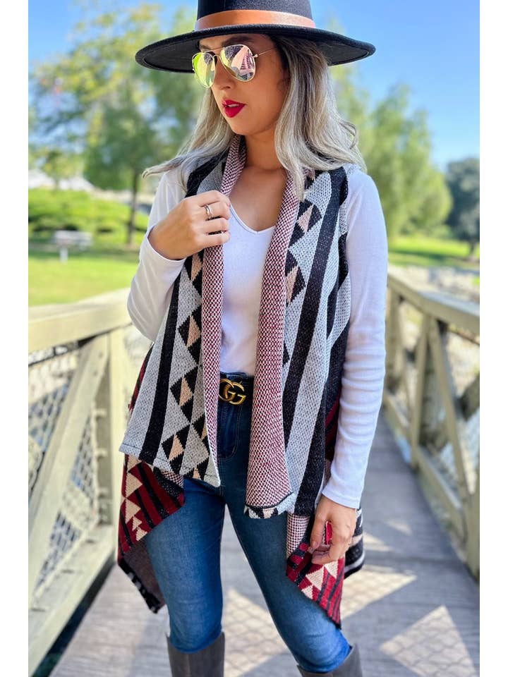 Black Western Aztec Printed Open Front Knitted Cowl Vest for wholesale on Faire5