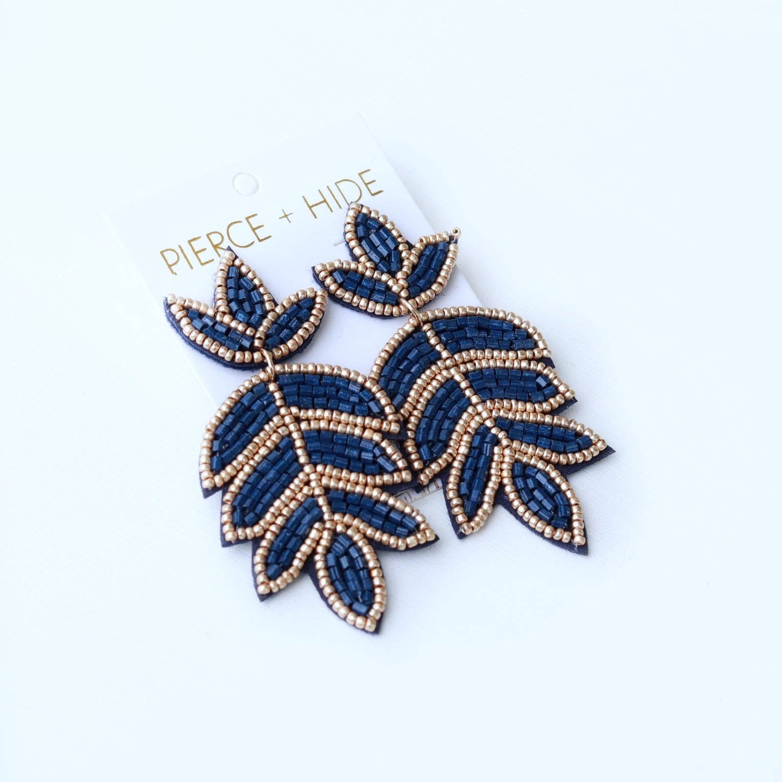 Pierce + Hide - Wholesale Dangle Earrings - Custom Navy Beaded Fleur De Lis Earring| Leaf Drop4