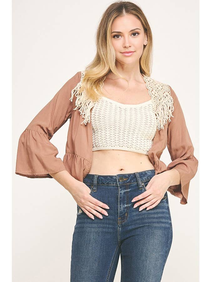 Sunday Morning - Wholesale Cardigan - Women's - J5036L16/CROCHET FRINGE THREE QUARTER SLEEVECARDIGAN12
