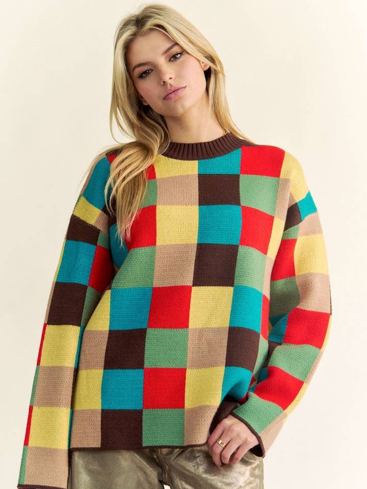 MULTI COLOR BLOCKED CHECKER PULLOVER SWEATER TOP for wholesale by Davi & Dani