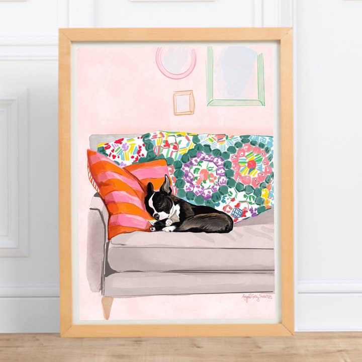 Impression de siestes pour chiots, œuvre d'art de Boston Terrier pour la vente par Gray Day Studio