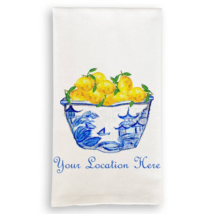 French Graffiti - Wholesale Tea Towel - Blue & White Bowl with Lemons and Location