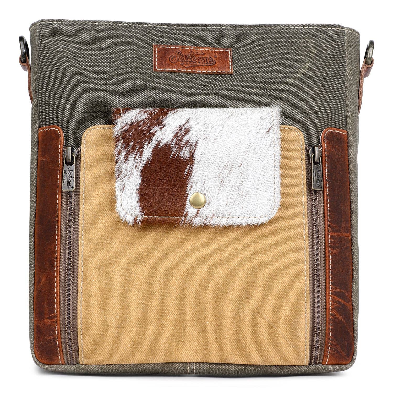 Sixtease Bags USA - Wholesale Crossbody Bag - Women's - Canvas Cowhide & Leather Women Crossbody - Buff/Walnut Brown4