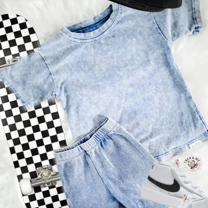 Spring Boy 2 PC - Acid Wash T-Shirt & Rib Biker Short - Blue for wholesale by Rufflеѕ & Bоwtіеѕ - Affordable Boys & Girls Clothing
