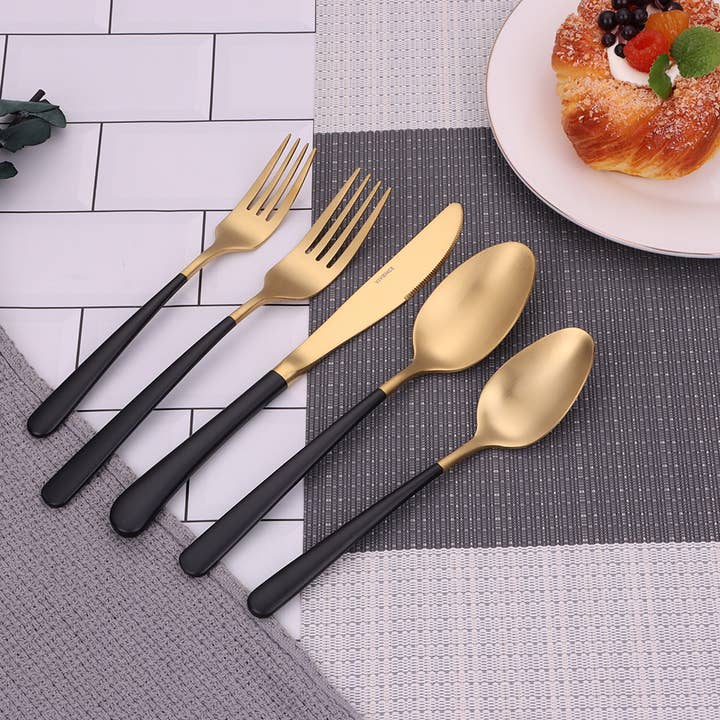 VIVIENCE - Wholesale Flatware Set - Coloblock 20 Pc Flatware Set with Black Handles, Service  48
