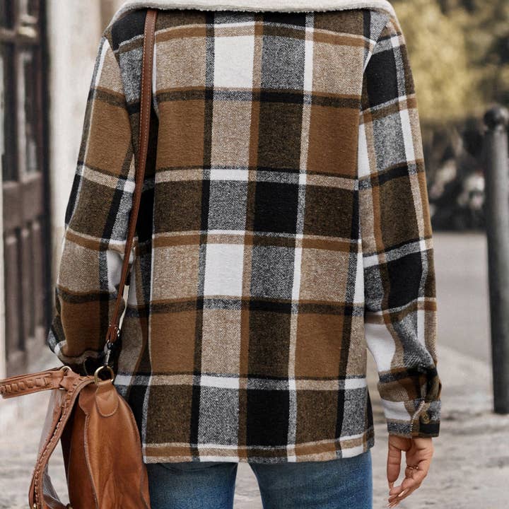 Khaki Polished Lapel Plaid Jacket Women for wholesale on Faire