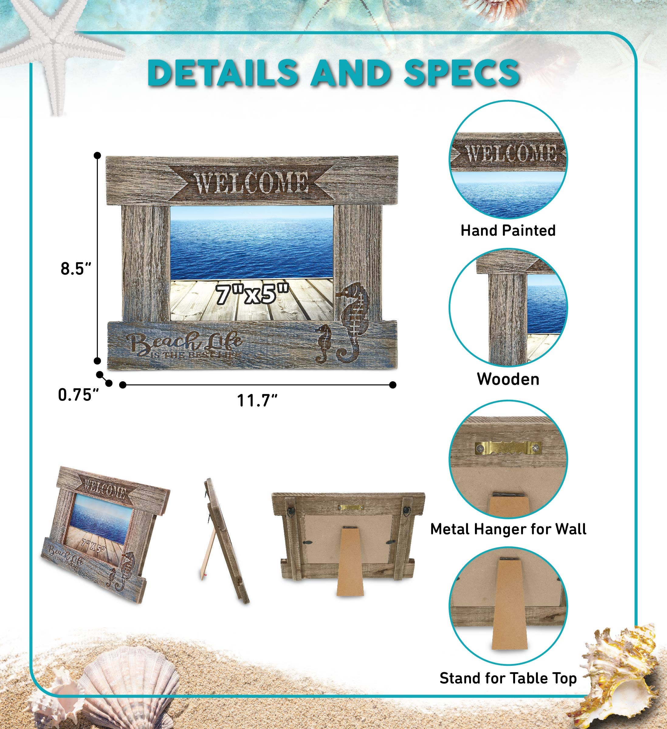 Cota Global – wholesale Picture frame – Nautical - Driftwood Sea Horse Photo Frame 7X51