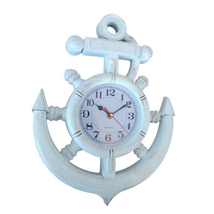 Roda de navio caiada de branco e relógio de parede âncora 15” por atacado de Hampton Nautical