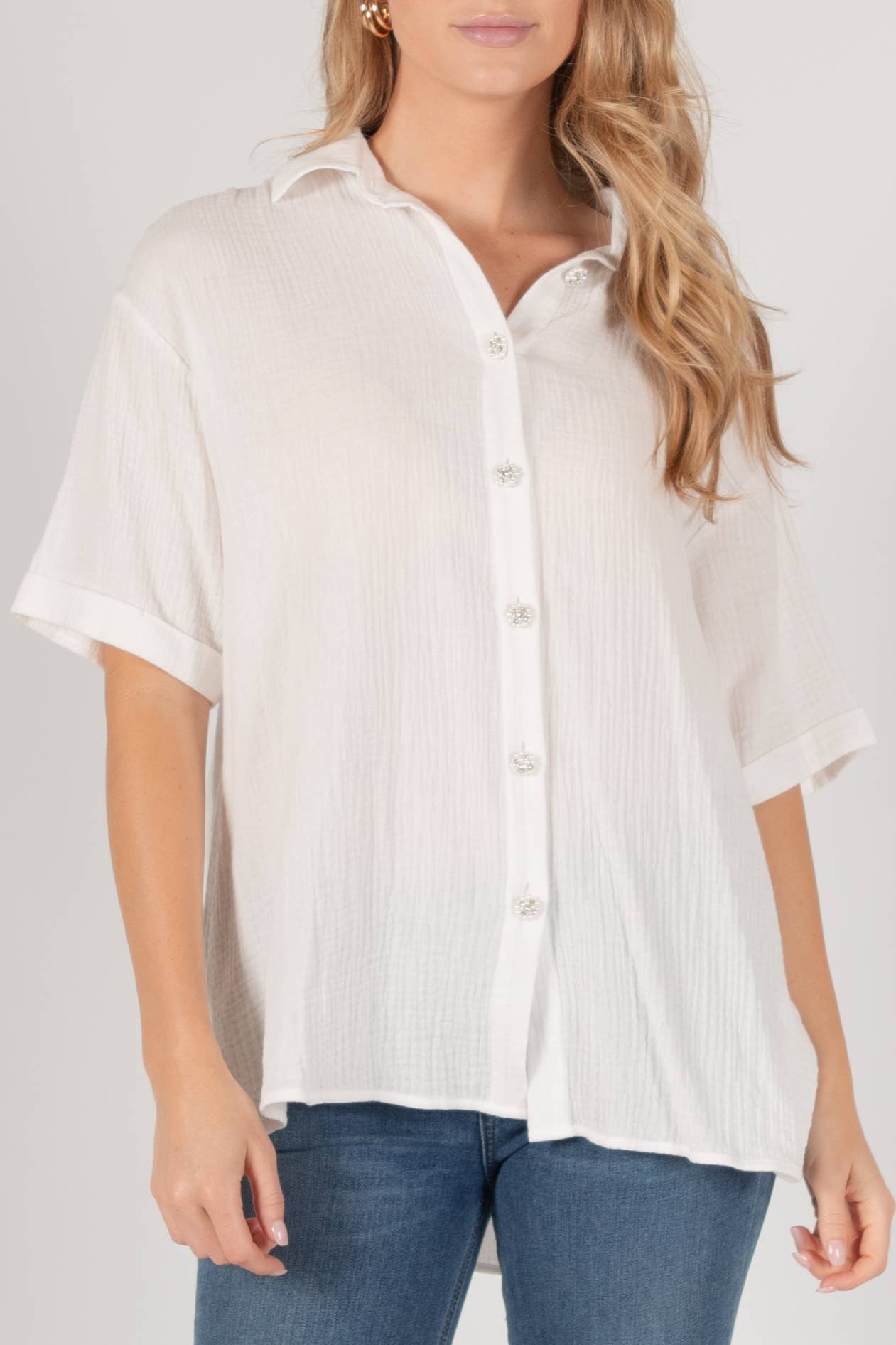 Blanc cassé Tunique boutonnée surdimensionnée en gaze avec boutons fantaisie en vente sur Faire