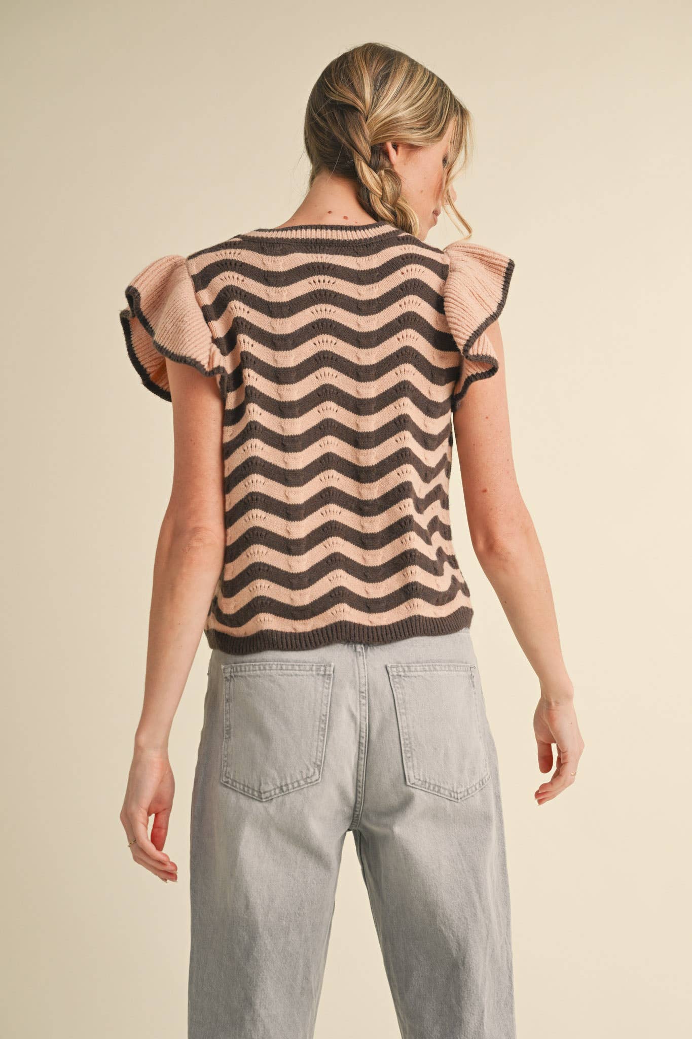 &MERCI - Wholesale Knit Sweater - Women's - WAVY STRIPES FLUTTER SLEEVE SWEATER TOP MSW1050956