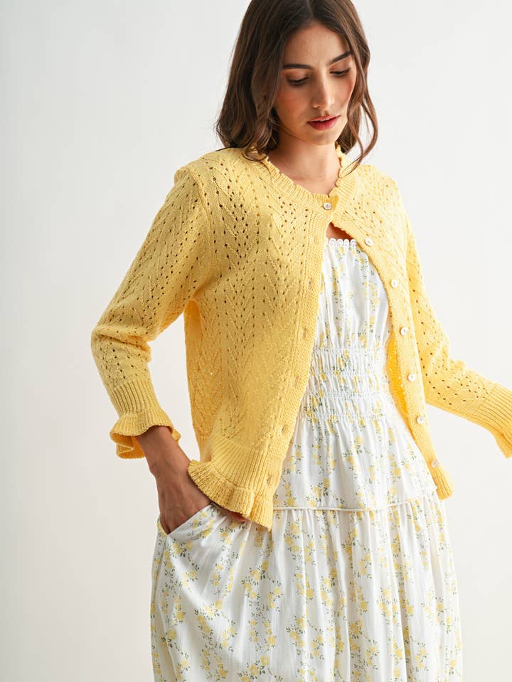 CJW26882 Cardigan Jaune Citron à Boutons et Dentelle Ouverte pour la vente par Camellia