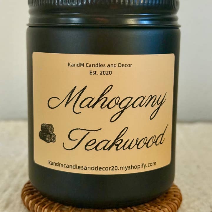 Mahogany Teakwood 8 oz Candle for wholesale by KandM Candles and Decor